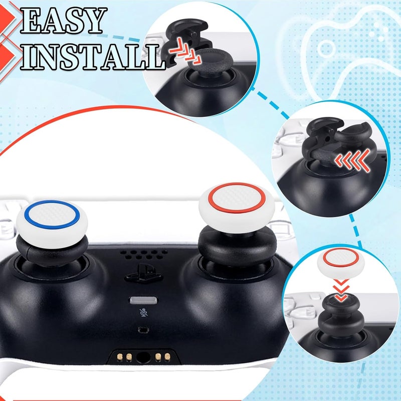 PlayRealm NO Falling Off Thumbstick Extender x 2 & Thumb Grip x 4 for PS5 & PS4 Controller (White Red & Blue Ring) - Image 4